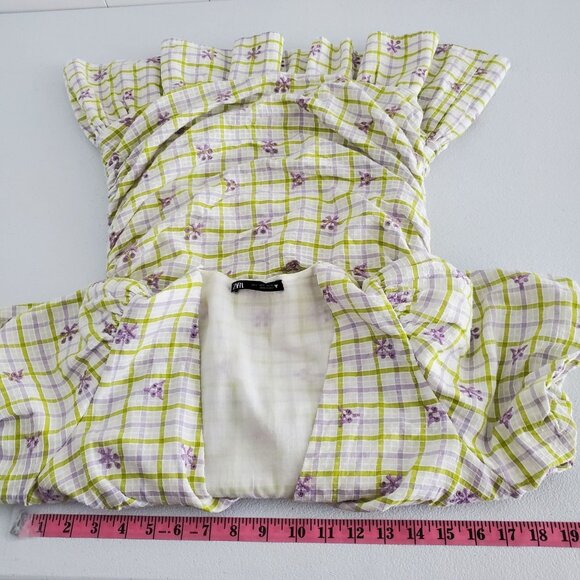 Zara Womens Embroidered Eyelet Gingham Check Mini Dress Size S Ruched Deep V - Picture 6 of 8